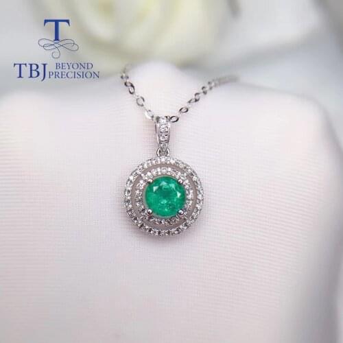 Tbj,14k white gold pendant necklace with natural zambia round cut emerald africa diamond fine jewelry for women girls nice gift