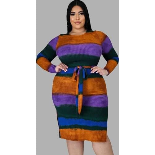 Plus Size Clothing Stretchy Dresses Office Ladies Long Sleeve Dress with Lacing Up Striped Vintage Dress Wholesale Dropshipping