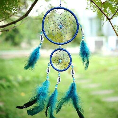 1pc LZDC65 Blue Dream Catcher Circular With Feather Wall Hanging Decoration Gift Newest