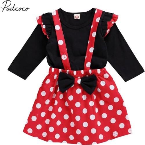2 Pcs Newborn Fashion Outfits, Infant Long Sleeve Round Neck Ruffle Pullover Polka Dot Print Suspender Skirt with Bow