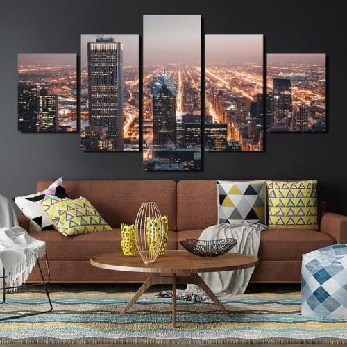 5 Pieces Decorative Painting Modern Cityscape Lights Diminished Irregular Poster Oil Painting Living Room Frameless Wall Art