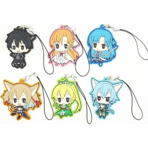 6 pcs/set Anime Sword Art Online figures Kirito Asuna Rika Sachi Yui Keiko pvc figure phone strap/Keychain pendant toys