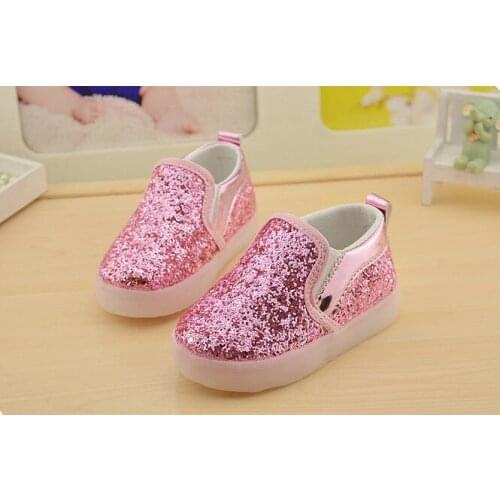 Free shipping 2016 autumn fashion sequins lights led shoes for kids girls flat platform rubber elastic band 21-30 5 colors