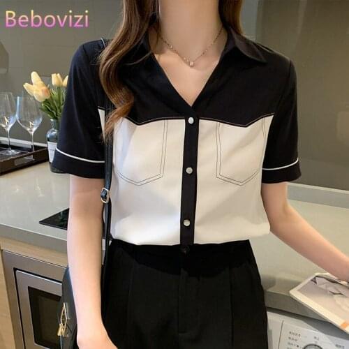 S-XXL 2021 Fashion Color Block Stitching Summer Casual Short Sleeve Button Up Tops and Shirts for Women Office Lady Work Clothes