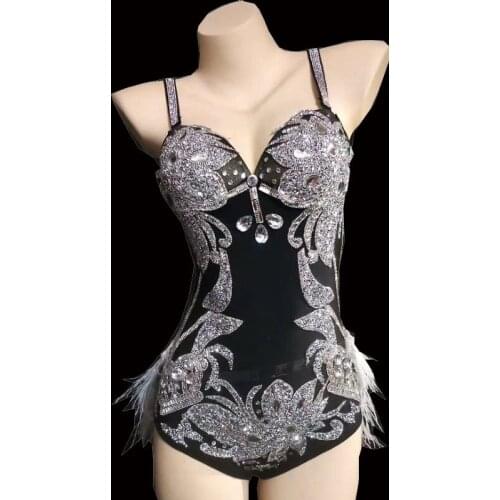 Nightclub Silver Rhinestone Feather Spandex Bodysuit Prom Party Sleeveless Outfit Women Dancer Singer Show Bar Jazz Dance Wear