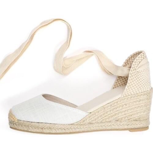 Linen upper ankle strap, close toe 7cm mid height women summer wedge sandals