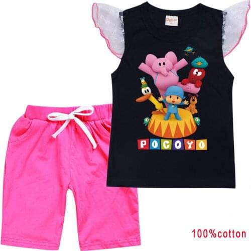 Kids Clothes for Girls Pocoyoe Summer Clothing Cartoon Fly Sleeve T-shirt Tops + Pants Sets Fashion Suit Baby Children Outfits