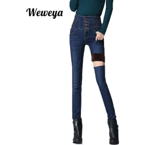 Weweya Plus Size 34 Elasticity Cashmere Warm Jeans For Women High Waist Black Jeans For Girls Skinny Winter Jeans Denim Pants