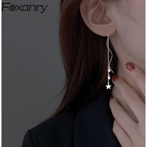 FOXANRY Prevent Allergy 925 Sterling Silver Drop Earring for Women Trendy Elegant Charming Simple Long Tassel Star Bride Jewelry