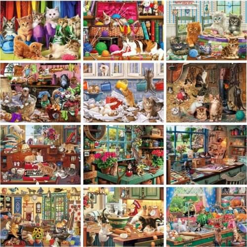 HUACAN Full Square Drill Diamond Embroidery Cat Kitchen Art Rhinestone Handicraft Diamond Painting Animal Needlework Home Decor