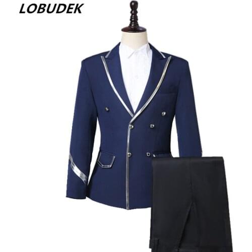 Preppy Style Mens Singer Groups Suit Navy Blue Lapel Jacket+Pants+Tie Fashion 3 Pieces Set Bar Evening Party Concert Costume
