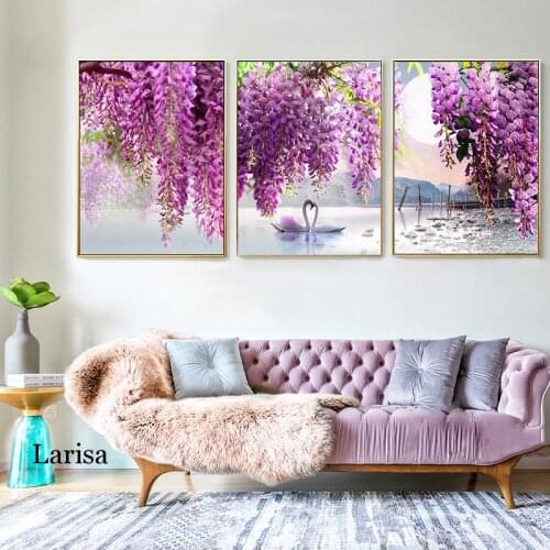 Beautiful Purple Flower Tree Swan Lake Landscape Poster Scandinavian Scenery Nature Canvas Wall Art Print Painting Home Decor