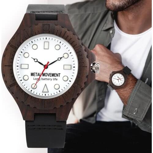 Mens Luminous Watch Wooden Leather Wristwatch White Quartz Unique Dial Male Fashion Business Black Clock with Product Manual