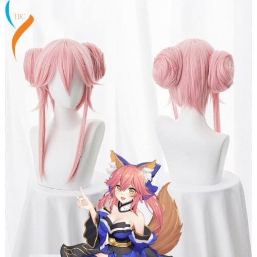 2019 New FGO Fate Grand Order Extra Cosplay Wig Servant Caster Tamamo no Mae Curly Pink Ponytails Synthetic Hair for Adult