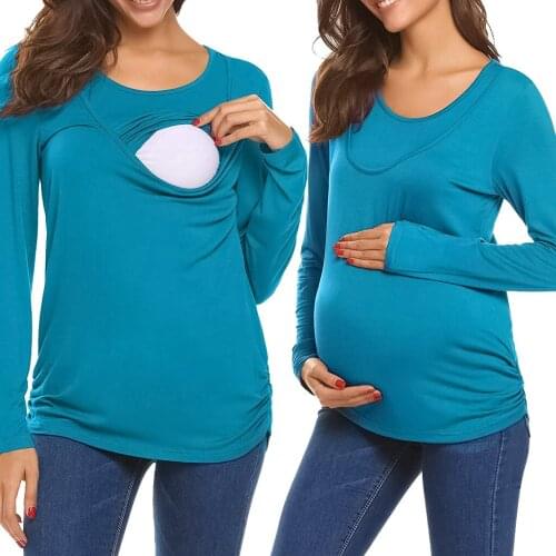 Maternity Clothes Solid color Tops for Pregnant Woman Autumn Long Sleeve T Shirt breast-feeding Pregnancy Shirt Mom
