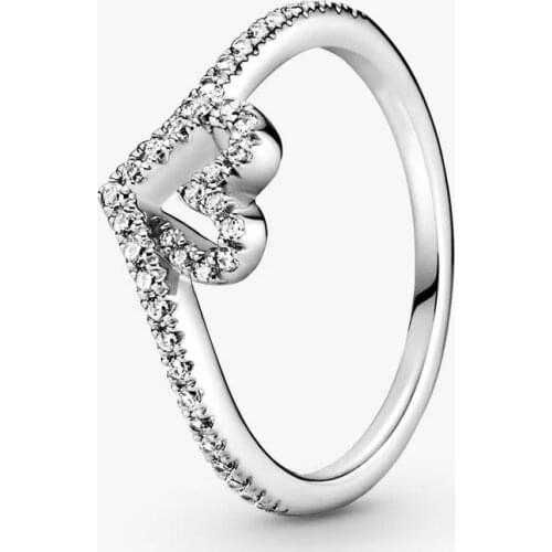 PanOriginal design Brand Sparkling Wishbone Heart Stackable 925Silver Ring for Women Wedding Engagement Jewelry Girlfriend Gift