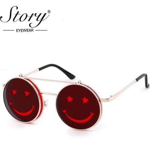 STORY 2018 Flip Up Smiling Face Round Designer Sun Glasses Brand Metal Frame Gothic Retro Steampunk Sunglasses For Women Men