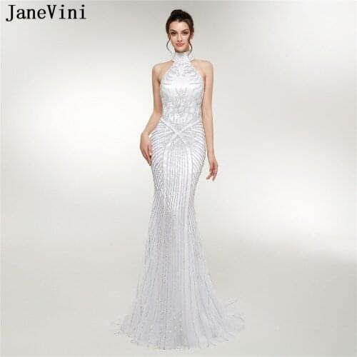 JaneVini 2018 Luxury Beaded Sequins White Tulle Long Bridesmaid Dresses Mermaid High Neck Backless Formal Prom Gowns Sweep Train