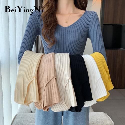 Beiyingni Women Sweaters 2021 Autumn Winter Korean Tops V-neck Slim Knitted Sweater Primer Shirt Jumper Soft Warm Pull Femme