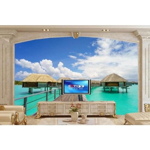 Tropics Sea Clouds Bungalow hut Nature wallpapers,restaurant living room tv sofa wall bedroom 3d wallaper mural papel de parede
