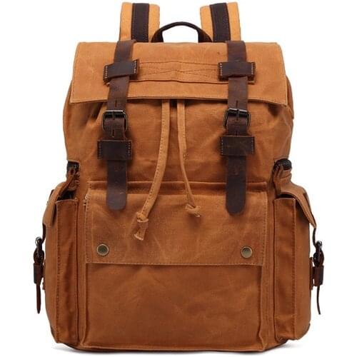 M211 Vintage Canvas Leather Backpacks for Men 15.6" Laptop Daypacks Waterproof Canvas Rucksacks Large Waxed Travel Back Packs