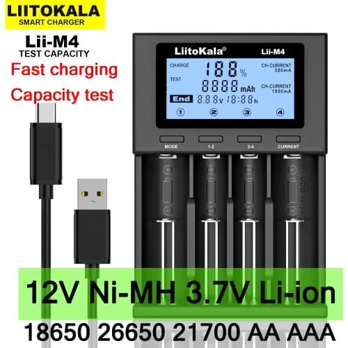 Liitokala Lii-M4 18650 charger lcd display universal smart charger test capacity for 3.7v 26650 18650 21700 aa aaa etc 4slot