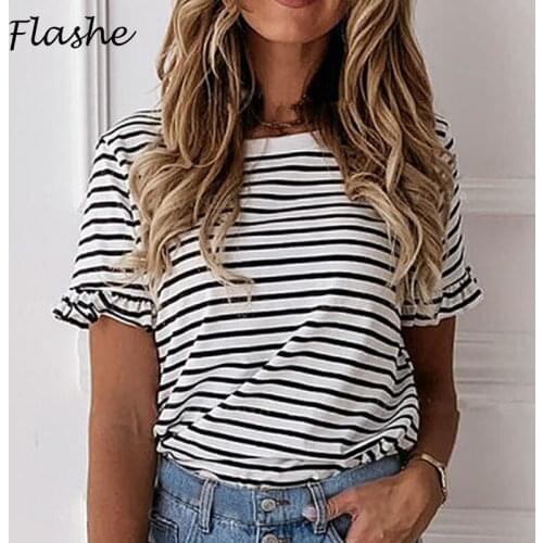 Women Short Sleeve Stripe Casual Tees Spring Summer 2021 Simple Loose O-neck Basic T Shirt Free Shipping Hot Sale