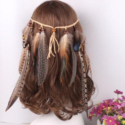 Bohemian Style Indian Feather Headband Headdress Hair Rope Headwear Tribal Hippie Handmade Hair Accessories for Women 16