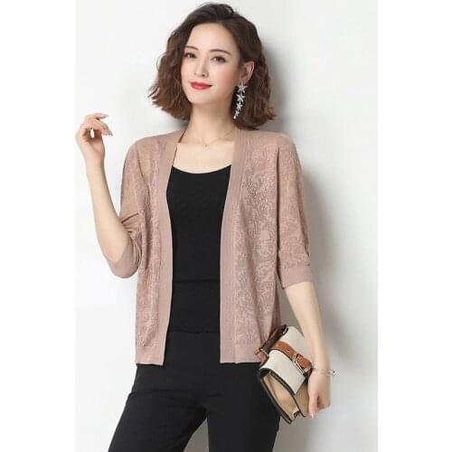 New Summer Casual Hollow Out Knitted Cardigans Women Elegant Half Sleeve Ice Silk Shawl Tops Sun Protection Clothing