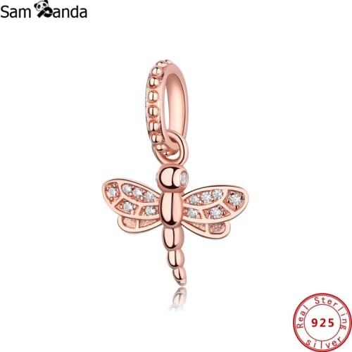 100% 925 Sterling Silver Charm Sparkling Dragonfly Pendant Rose Gold Color Beads Fit Original Bracelets Women DIY Jewelry