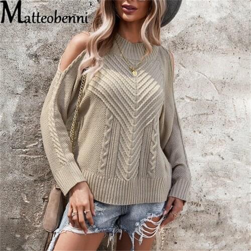 Womens Sweater 2021 Autumn Winter Solid Color Off-Shoulder Long-sleeved Thick Stitch Tops Casual Loose Knitted Sweaters Women