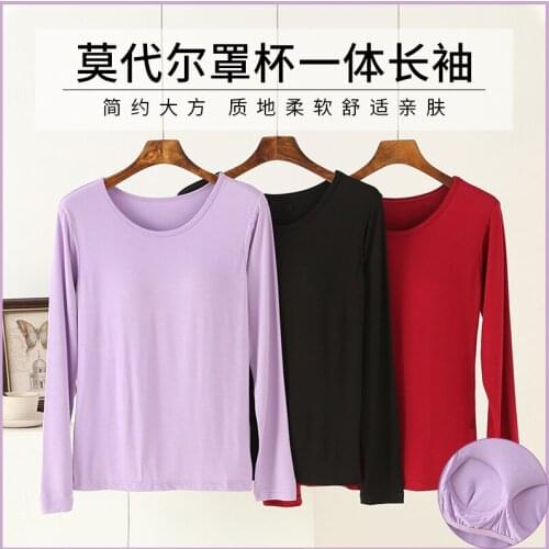Modal cup all-in-one long-sleeved top casual home wear pajamas women round neck can be worn outside long-sleeved