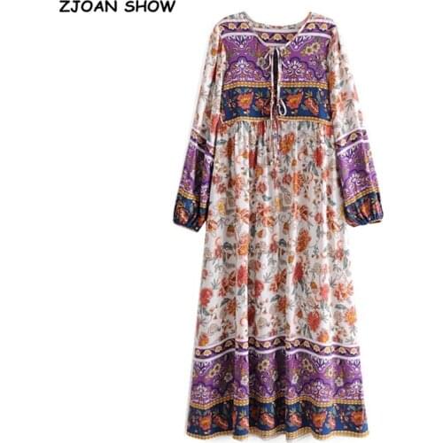 2021 Bohemia Bandage Lacing up Collar Contrast Colored Floral Print Midi Dress BOHO Woman Long Sleeve Holiday Dresses Beach