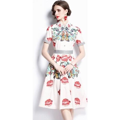 Women Summer Designer Elegant Floral Print Sexy Lapel Office Casual Party Robe Female Black Vintage Short Sleeve Dress Vestidos