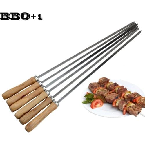 16.5in 42cm Wooden BBQ Shish Kebab Skewers Stainless Steel BBQ Sticks Barbecue Skewer Stick Grill Kabob Needle Heat Resistance