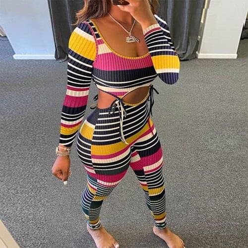 Adogirl Color Striped 2 Piece Sets Women Casual Long Sleeve Crop Tops and Pencil Pants Set Plus Size S-XXL Outfits