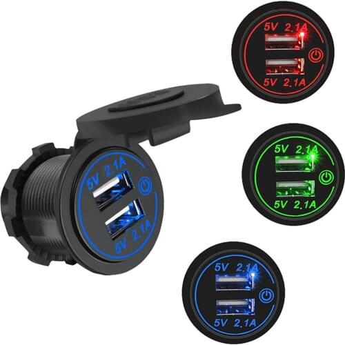 Car Charger, Dual USB Car Charger Adapter Power Socket 12V-24V LED Voltmeter For Car Boat Marine Motorcycle Mobile Phone