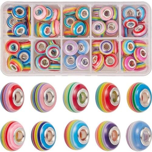 10Pcs New Large Hole Colorful Rainbow Stripe Round Spacer Loose Beads Fit Pandora Charm Bracelet Bangle Necklace Jewelry Making