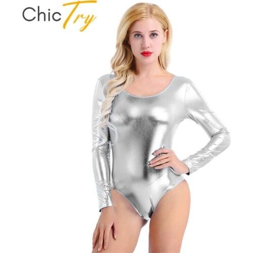 ChicTry Women Shiny Patent Leather Ballet Leotard Adult Long Sleeve Professional Gymnastics Leotard Bodysuit Stage Dance Costume
