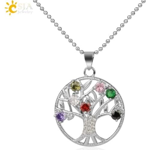 CSJA 7 Chakra Zircon Tree of Life Pendant Necklace CZ Round Silver Color Metal Life Trees Pendants for Women Charms Jewelry G153