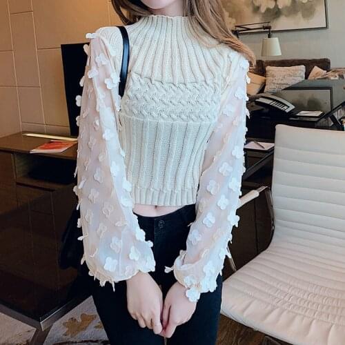 Heliar Women Blouses Ladies Appliques Mesh Sleeve Solid Elegant Blouses Cropped Tops Women Stretchy Knitted Blouse 2021 Spring