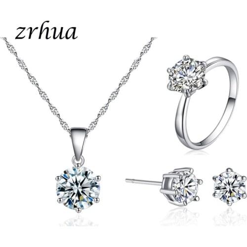 ZRHUA Hot Sale Crystal Pendant Necklace Earrings Ring Set Silver Color Elegant Jewelry Set Women Valentine Gift Wholesale Price