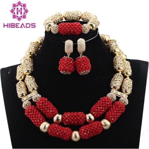 Beautiful Gold Bridal Statement Necklace Set Red African Beads Jewelry Sets Crystal Beads Wedding Jewelry ANJ333