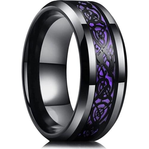 Fashion 8mm Mens Punk Stainless Steel Black Celtic Dragon Ring Inlay Purple Carbon Fiber Ring Men Wedding Band Jewelry Sz6-13