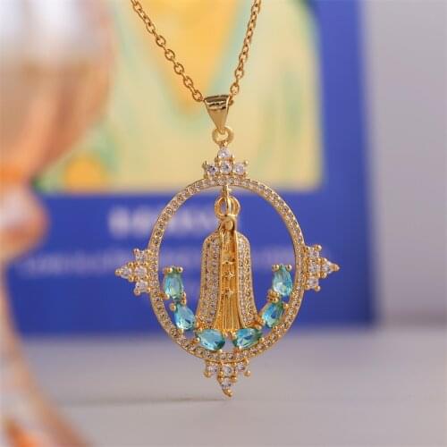 Fashion Transparent Blue CZ Zircon Copper Metal Virgin Mary Necklaces Pendants For Women Stainless Steel Chain Gold Necklace