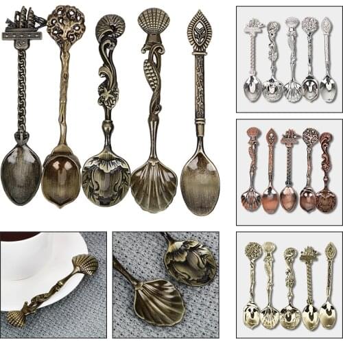 Small Tea Coffee Spoon for Snacks Party Ice Cream Dessert Spoon Carved Vintage Royal Style 5pcs/set Stainless Steel Spoon Sets