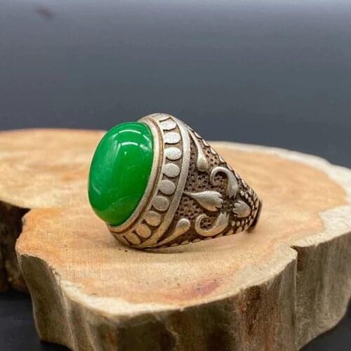 Charming Antique 925 silver ring inlaid with green jade jadeite Miao silver lady ring