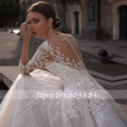Sexy Back A-Line Lace Wedding Dress 3/4 Sleeves Court Train Bride Dress Lace Appliques Sukienki Koktajlowe