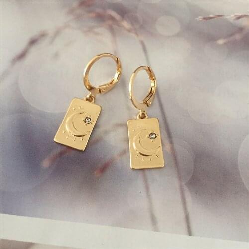 Lovely Gold Color Moon Star Engraved Square Charm Hoop Earrings For Women Girl Casual Delicate Celestial Aster Cute Jewelry