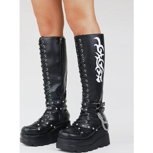 Sarairis Plus Size 43 Zipper Gothic Style knee-high Women Shoes Metal Decoration High Heels Motorcycle Fashion Boots